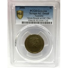 AUSTRALIA 2000 . ONE 1 DOLLAR COIN . ERROR . MULE . STRUCK ON TEN CENT